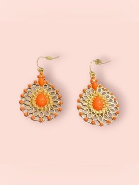 Gold and Orange Filigree Teardrop Earrings - Women Jewelry